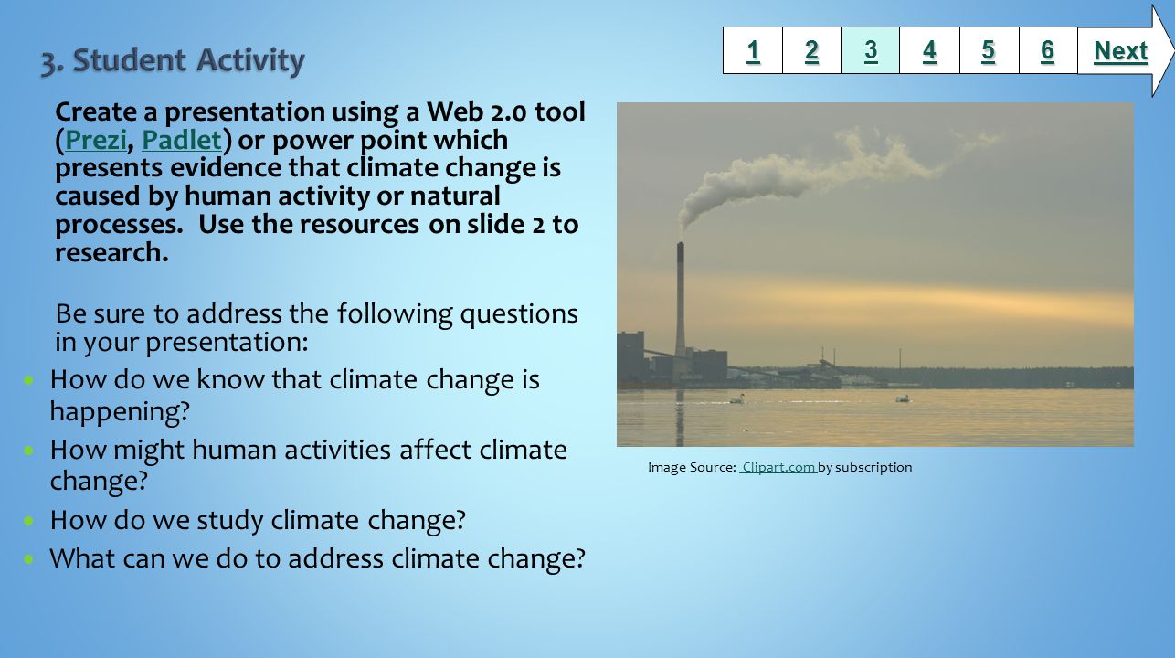 Create a presentation using a Web 2.0 tool (Prezi, Padlet) or power point which presents evidence that climate change is caused by human activity or natural processes.