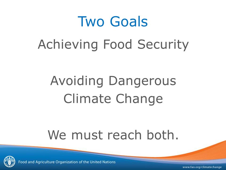 Two Goals Achieving Food Security Avoiding Dangerous Climate Change We must reach both.