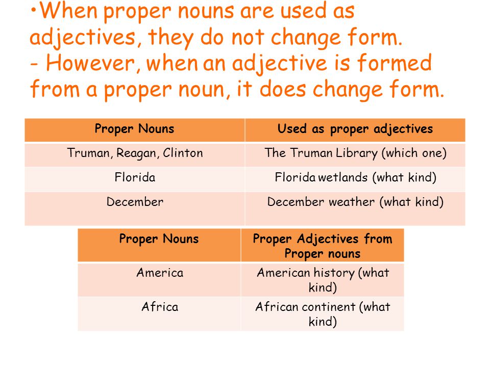 When proper nouns are used as adjectives, they do not change form.