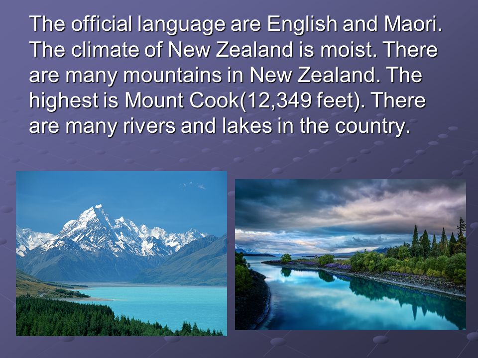 The official language are English and Maori. The climate of New Zealand is moist.