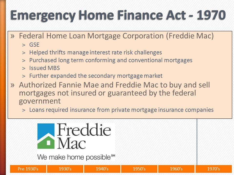 Pre 1930’s1930’s1940’s1950’s 1960’s1970’s » Federal Home Loan Mortgage Corporation (Freddie Mac) ˃GSE ˃Helped thrifts manage interest rate risk challenges ˃Purchased long term conforming and conventional mortgages ˃Issued MBS ˃Further expanded the secondary mortgage market » Authorized Fannie Mae and Freddie Mac to buy and sell mortgages not insured or guaranteed by the federal government ˃Loans required insurance from private mortgage insurance companies