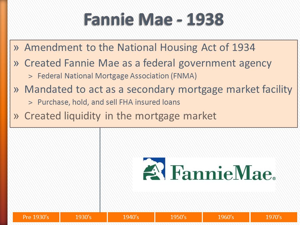 Pre 1930’s1930’s1940’s1950’s 1960’s1970’s » Amendment to the National Housing Act of 1934 » Created Fannie Mae as a federal government agency ˃Federal National Mortgage Association (FNMA) » Mandated to act as a secondary mortgage market facility ˃Purchase, hold, and sell FHA insured loans » Created liquidity in the mortgage market