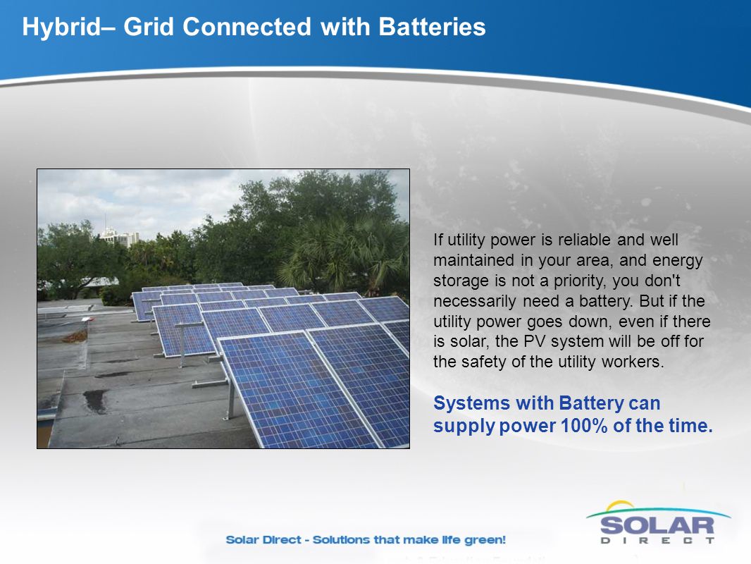 Hybrid– Grid Connected with Batteries If utility power is reliable and well maintained in your area, and energy storage is not a priority, you don t necessarily need a battery.