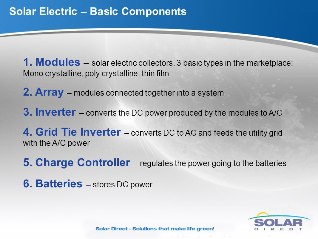 Solar Electric – Basic Components 1. Modules – solar electric collectors.