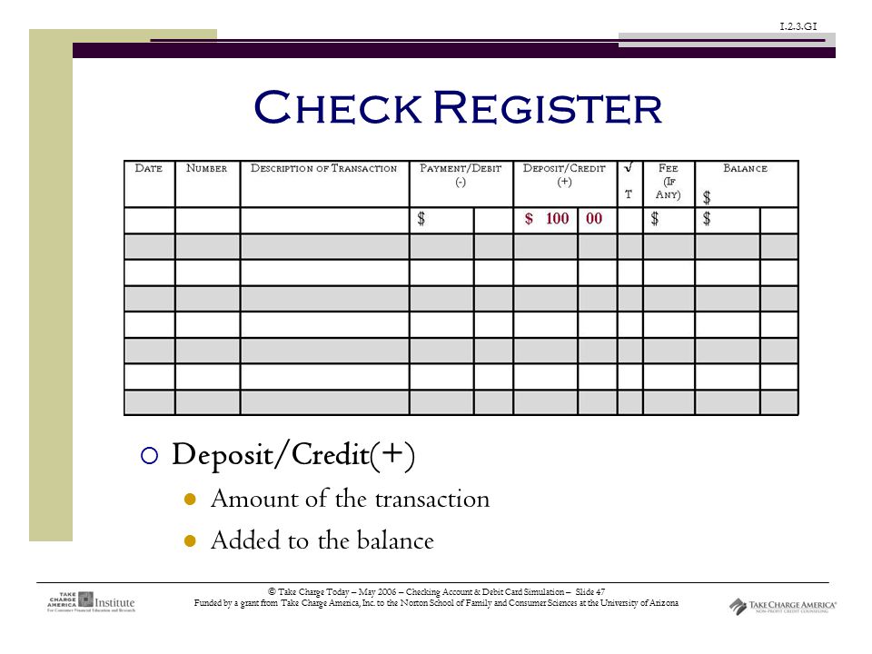 © Take Charge Today – May 2006 – Checking Account & Debit Card Simulation – Slide 47 Funded by a grant from Take Charge America, Inc.
