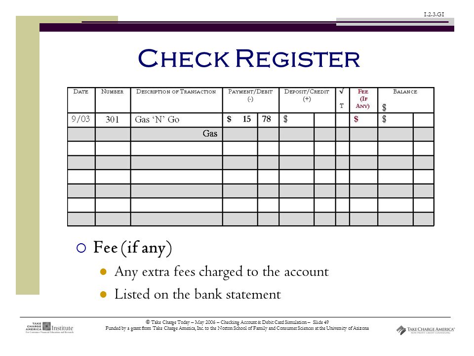 © Take Charge Today – May 2006 – Checking Account & Debit Card Simulation – Slide 49 Funded by a grant from Take Charge America, Inc.