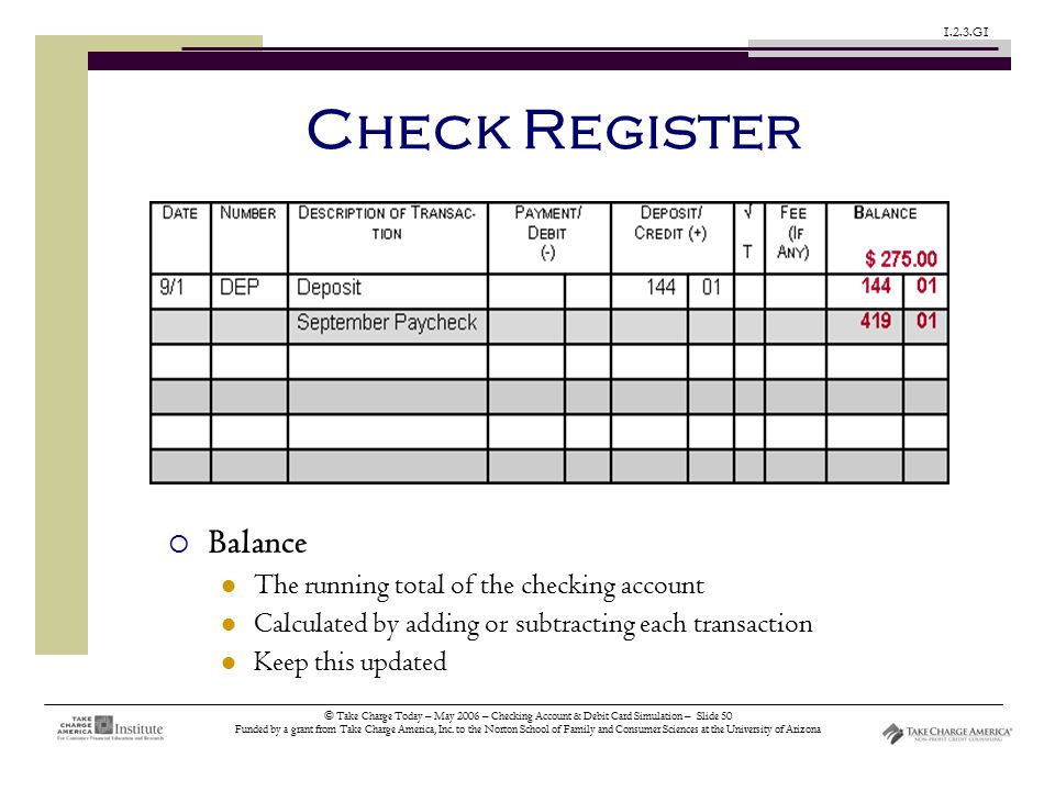 © Take Charge Today – May 2006 – Checking Account & Debit Card Simulation – Slide 50 Funded by a grant from Take Charge America, Inc.