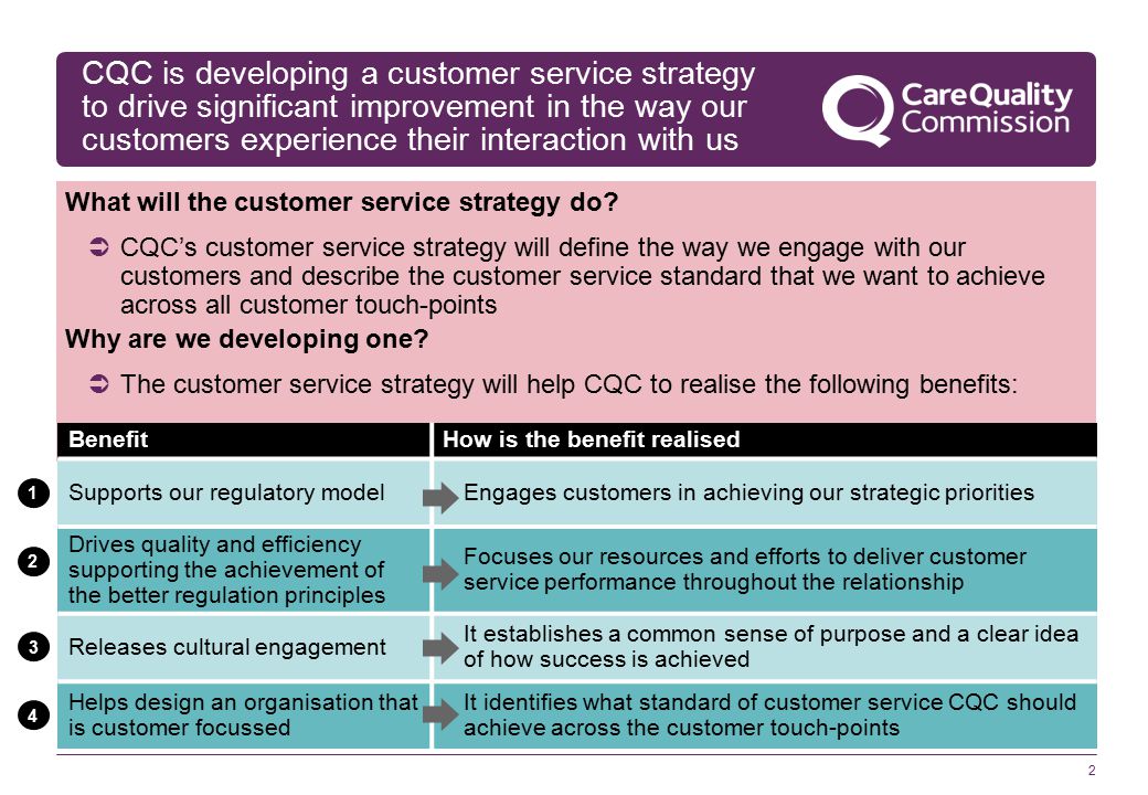 2 2 CQC is developing a customer service strategy to drive significant improvement in the way our customers experience their interaction with us What will the customer service strategy do.
