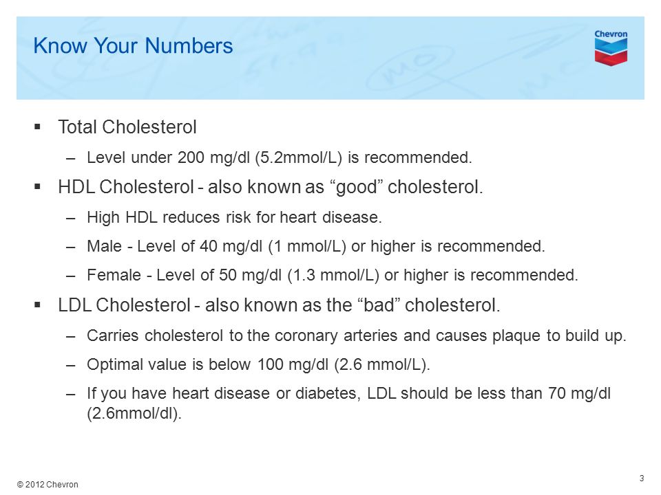 © 2012 Chevron Know Your Numbers  Total Cholesterol –Level under 200 mg/dl (5.2mmol/L) is recommended.