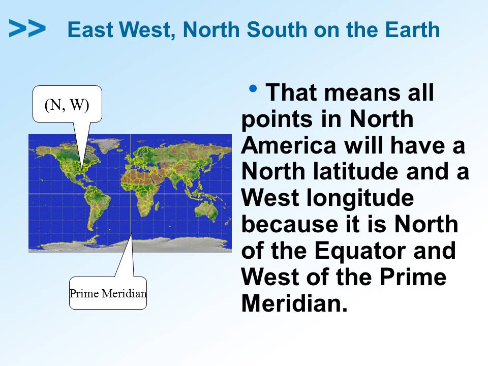 East West, North South on the Earth  That means all points in North America will have a North latitude and a West longitude because it is North of the Equator and West of the Prime Meridian.