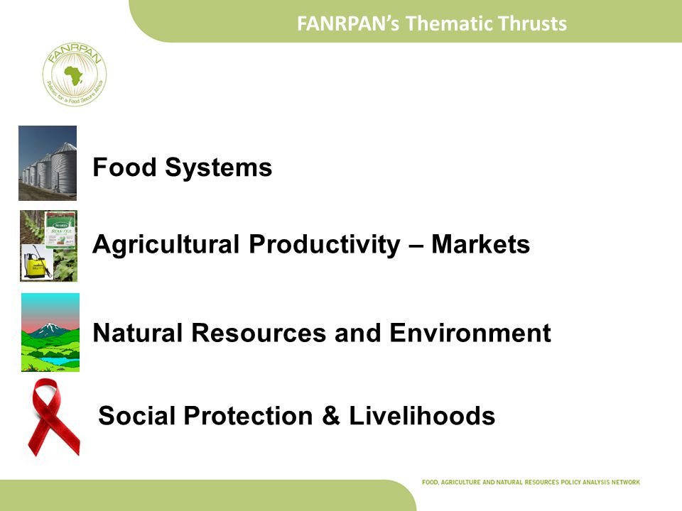 FANRPAN’s Thematic Thrusts Social Protection & Livelihoods Food Systems Agricultural Productivity – Markets Natural Resources and Environment