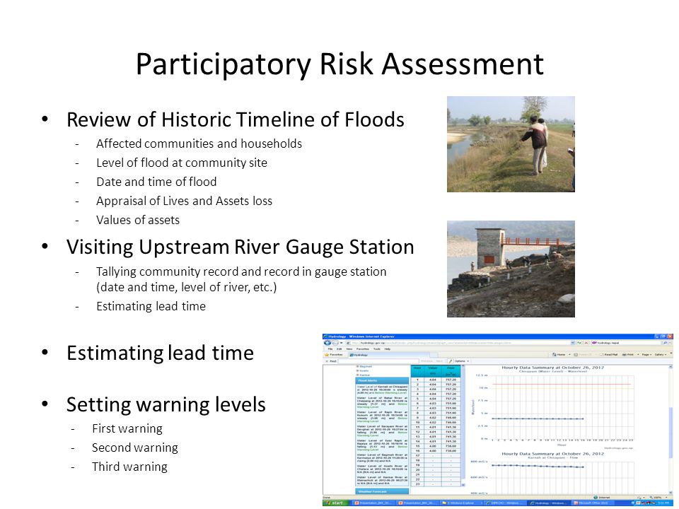 Participatory Risk Assessment Review of Historic Timeline of Floods -Affected communities and households -Level of flood at community site -Date and time of flood -Appraisal of Lives and Assets loss -Values of assets Visiting Upstream River Gauge Station -Tallying community record and record in gauge station (date and time, level of river, etc.) -Estimating lead time Estimating lead time Setting warning levels -First warning -Second warning -Third warning
