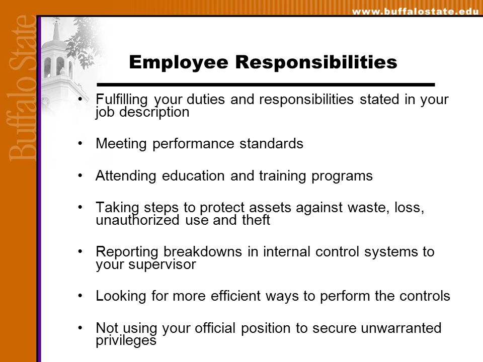 Employee Responsibilities Fulfilling your duties and responsibilities stated in your job description Meeting performance standards Attending education and training programs Taking steps to protect assets against waste, loss, unauthorized use and theft Reporting breakdowns in internal control systems to your supervisor Looking for more efficient ways to perform the controls Not using your official position to secure unwarranted privileges