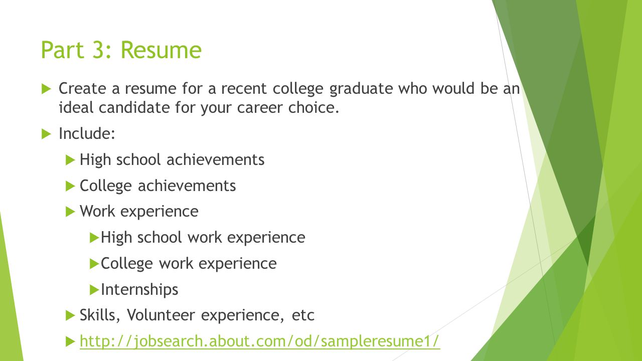 Part 3: Resume  Create a resume for a recent college graduate who would be an ideal candidate for your career choice.
