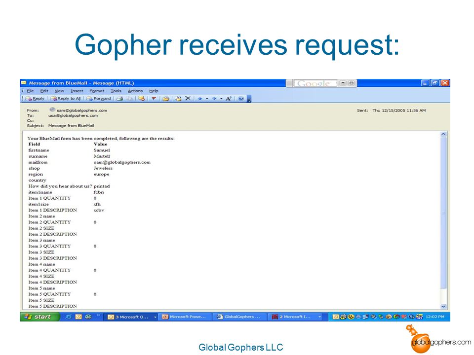 Global Gophers LLC Gopher receives request:
