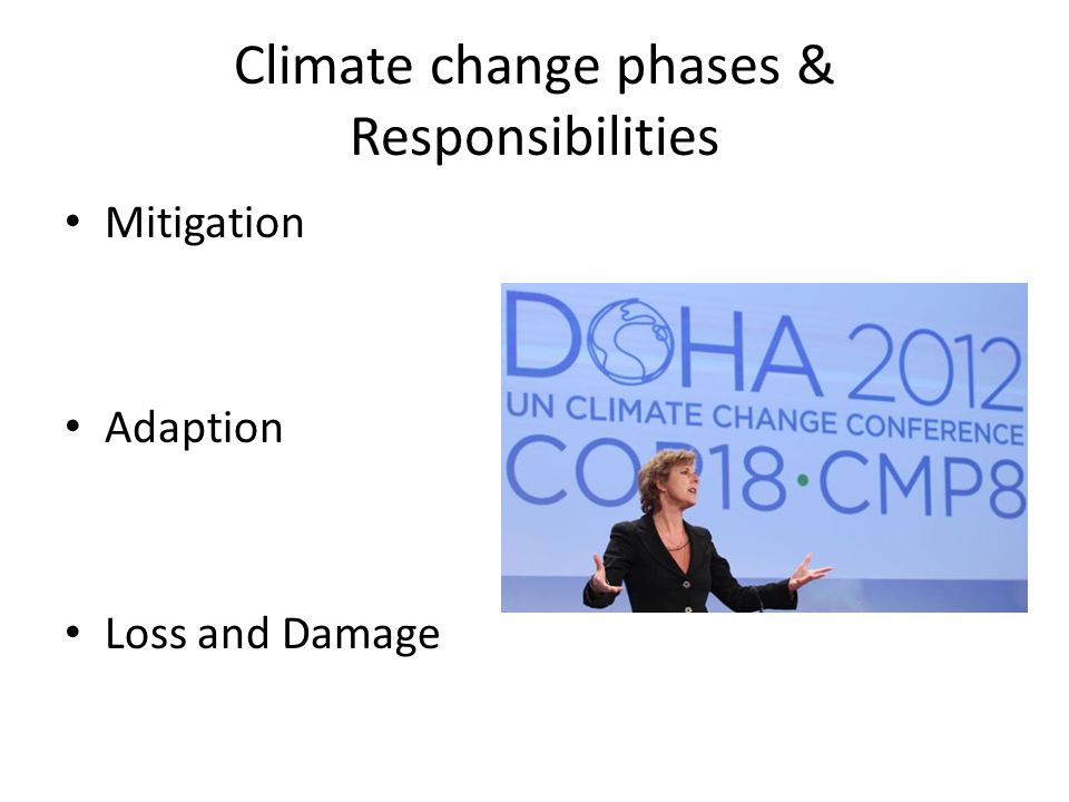 Climate change phases & Responsibilities Mitigation Adaption Loss and Damage