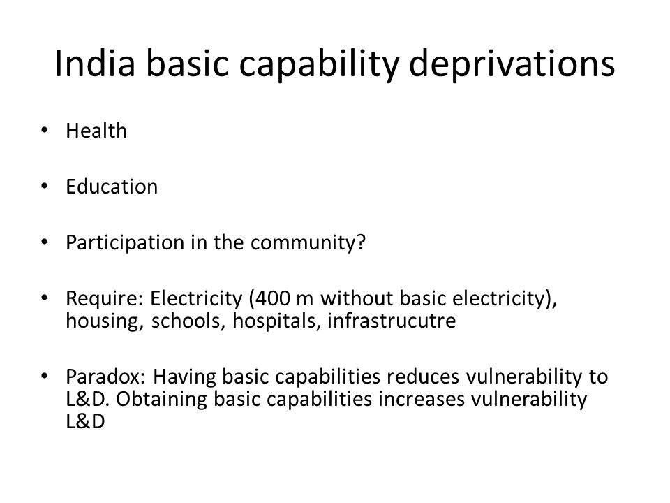 India basic capability deprivations Health Education Participation in the community.