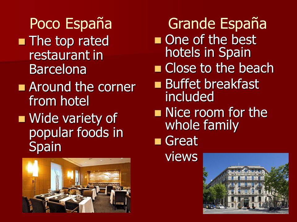 The top rated restaurant in Barcelona The top rated restaurant in Barcelona Around the corner from hotel Around the corner from hotel Wide variety of popular foods in Spain Wide variety of popular foods in Spain One of the best hotels in Spain One of the best hotels in Spain Close to the beach Close to the beach Buffet breakfast included Buffet breakfast included Nice room for the whole family Nice room for the whole family Great Greatviews Poco EspañaGrande España