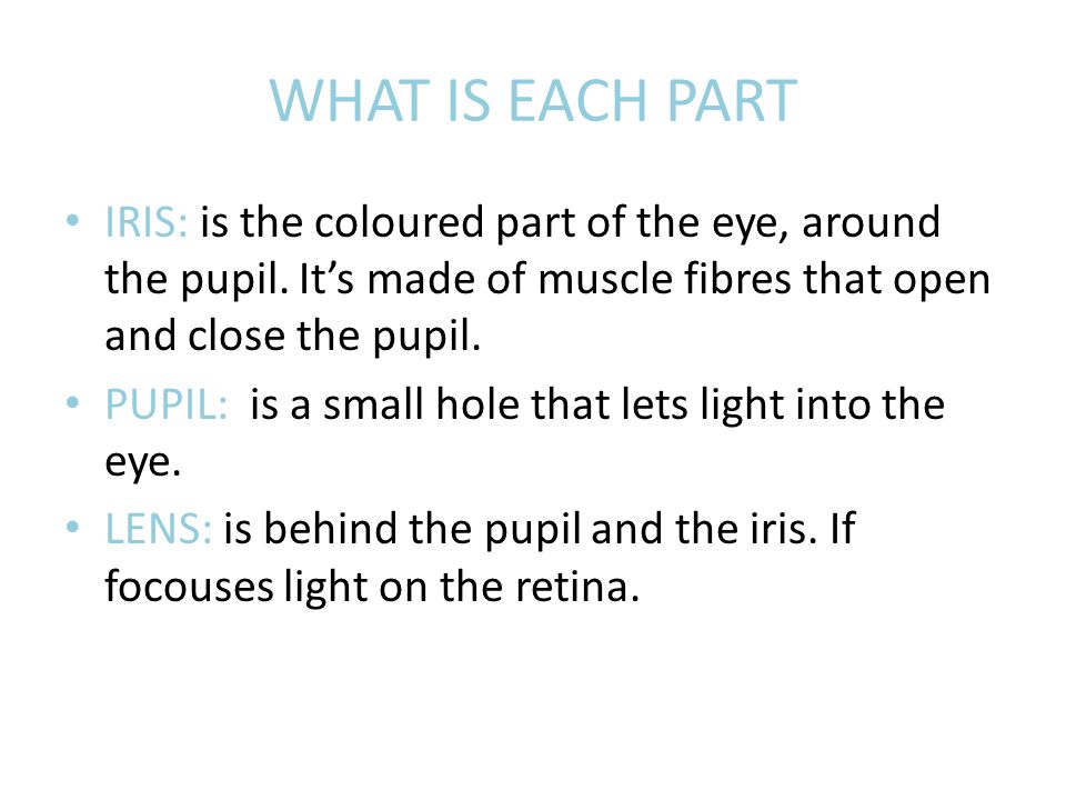 WHAT IS EACH PART IRIS: is the coloured part of the eye, around the pupil.