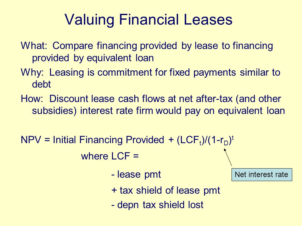Valuing Financial Leases What: Compare financing provided by lease to financing provided by equivalent loan Why: Leasing is commitment for fixed payments similar to debt How: Discount lease cash flows at net after-tax (and other subsidies) interest rate firm would pay on equivalent loan NPV = Initial Financing Provided + (LCF t )/(1-r D ) t where LCF = - lease pmt + tax shield of lease pmt - depn tax shield lost Net interest rate