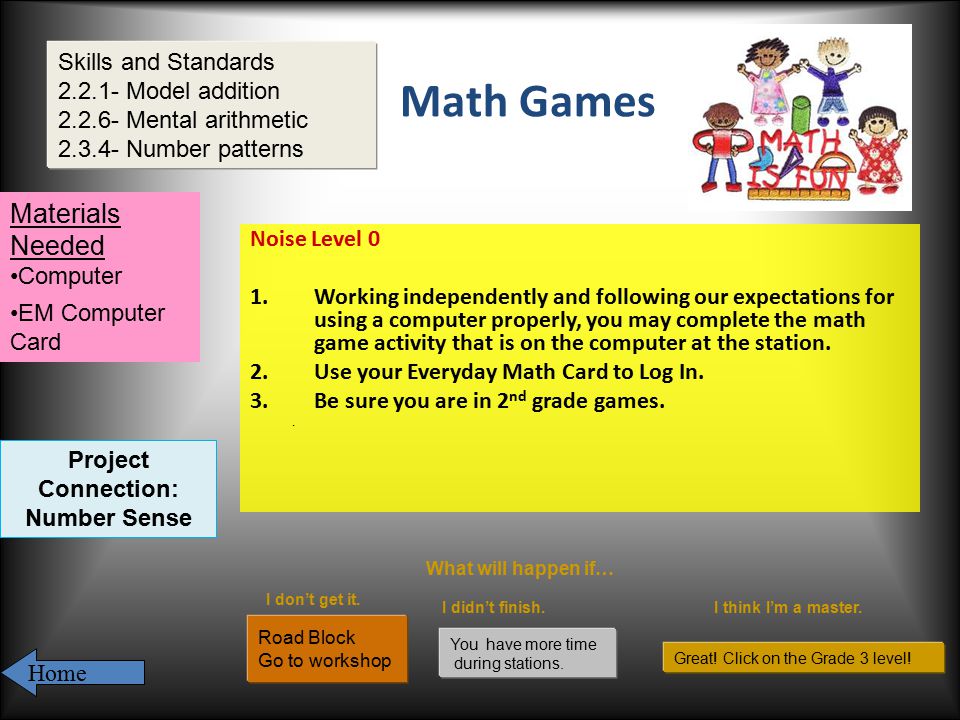 Math Games Noise Level 0 1.Working independently and following our expectations for using a computer properly, you may complete the math game activity that is on the computer at the station.