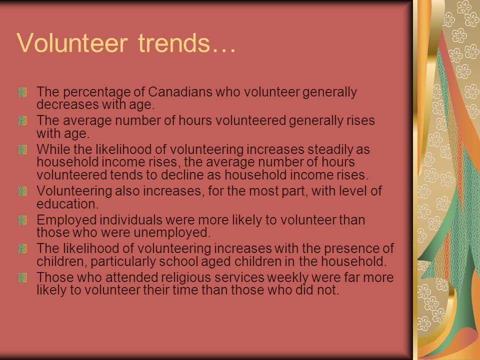 Volunteer trends… The percentage of Canadians who volunteer generally decreases with age.