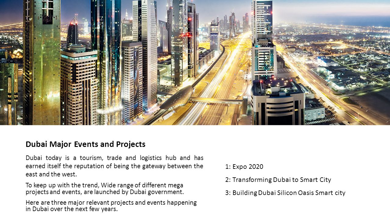 6 Dubai Major Events and Projects Dubai today is a tourism, trade and logistics hub and has earned itself the reputation of being the gateway between the east and the west.
