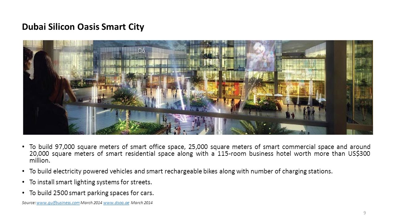 Dubai Silicon Oasis Smart City To build 97,000 square meters of smart office space, 25,000 square meters of smart commercial space and around 20,000 square meters of smart residential space along with a 115-room business hotel worth more than US$300 million.