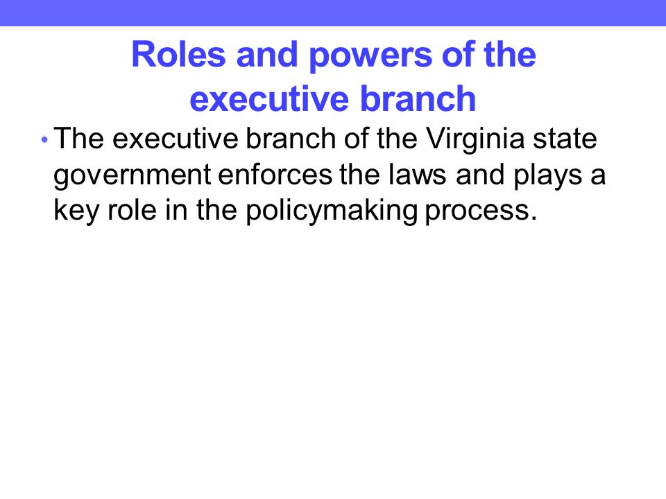 Roles and powers of the executive branch The executive branch of the Virginia state government enforces the laws and plays a key role in the policymaking process.