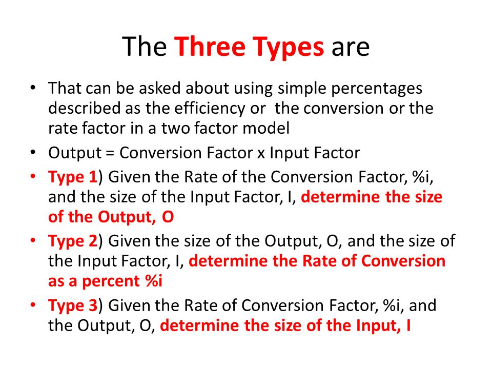 The Three Types are That can be asked about using simple percentages described as the efficiency or the conversion or the rate factor in a two factor model Output = Conversion Factor x Input Factor Type 1) Given the Rate of the Conversion Factor, %i, and the size of the Input Factor, I, determine the size of the Output, O Type 2) Given the size of the Output, O, and the size of the Input Factor, I, determine the Rate of Conversion as a percent %i Type 3) Given the Rate of Conversion Factor, %i, and the Output, O, determine the size of the Input, I