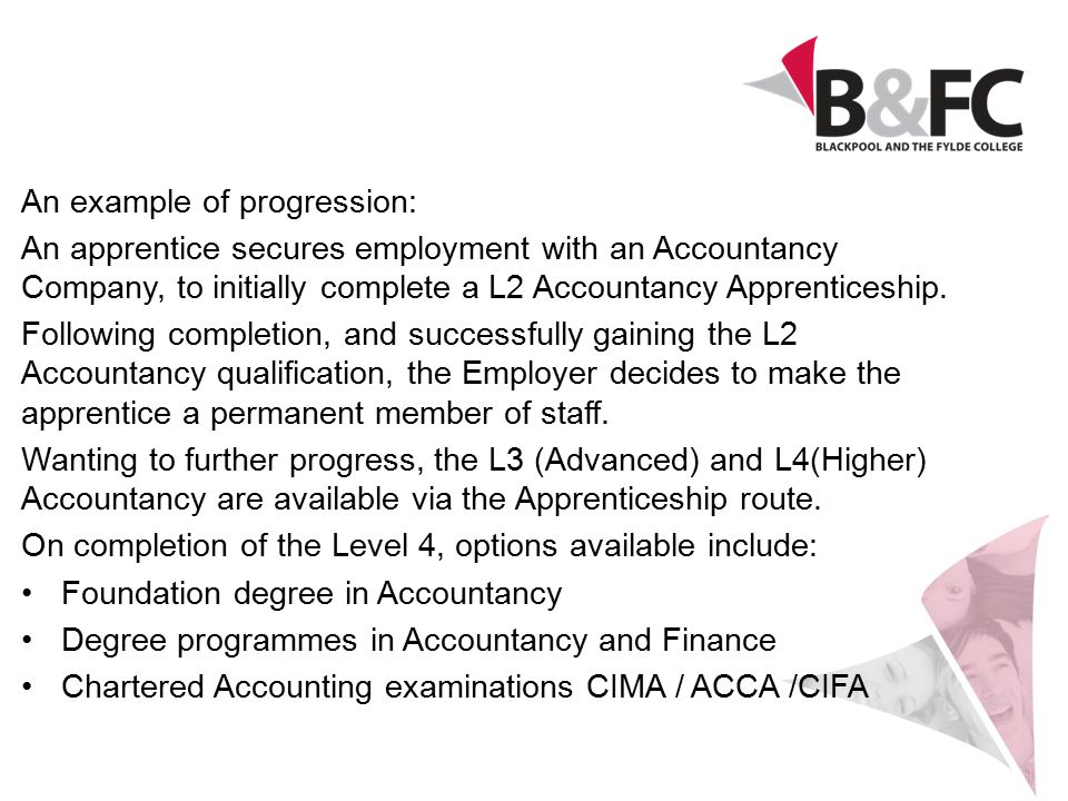 An example of progression: An apprentice secures employment with an Accountancy Company, to initially complete a L2 Accountancy Apprenticeship.