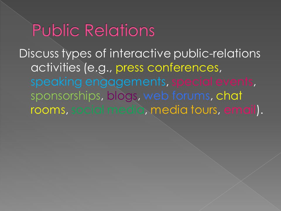 Discuss types of interactive public-relations activities (e.g., press conferences, speaking engagements, special events, sponsorships, blogs, web forums, chat rooms, social media, media tours,  ).