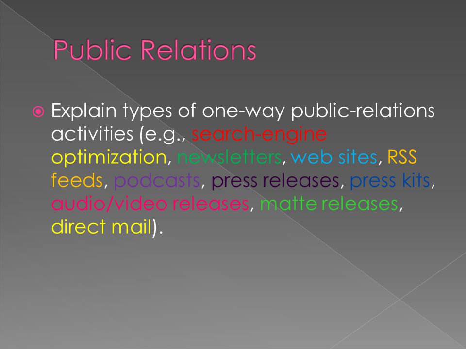  Explain types of one-way public-relations activities (e.g., search-engine optimization, newsletters, web sites, RSS feeds, podcasts, press releases, press kits, audio/video releases, matte releases, direct mail).