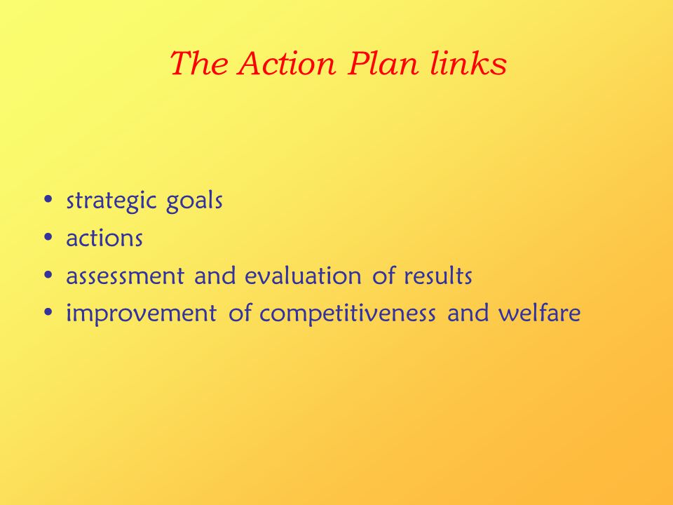 The Action Plan links strategic goals actions assessment and evaluation of results improvement of competitiveness and welfare