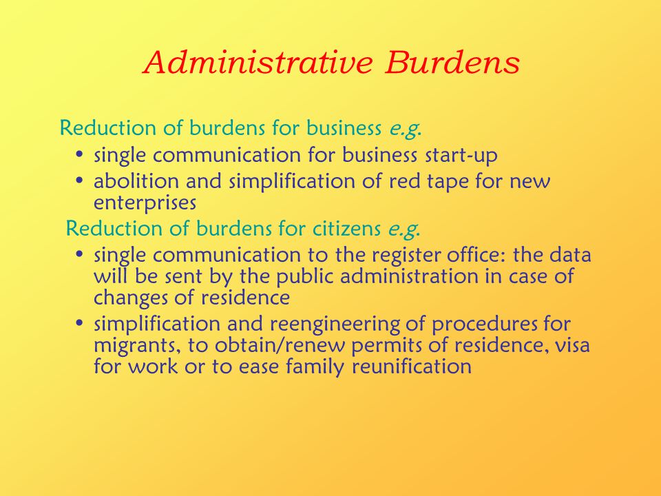 Administrative Burdens Reduction of burdens for business e.g.