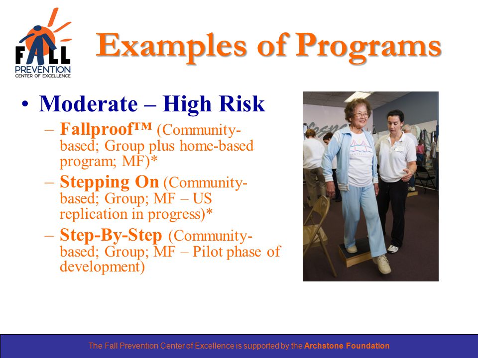 The Fall Prevention Center of Excellence is supported by the Archstone Foundation Examples of Programs Moderate – High Risk –Fallproof™ (Community- based; Group plus home-based program; MF)* –Stepping On (Community- based; Group; MF – US replication in progress)* –Step-By-Step (Community- based; Group; MF – Pilot phase of development)