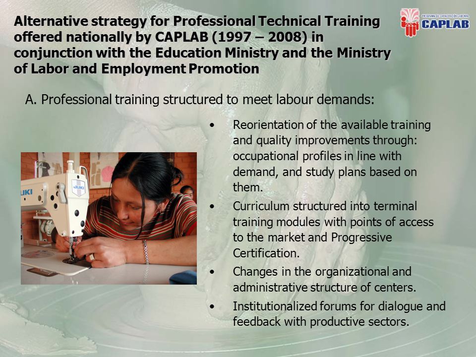 Alternative strategy for Professional Technical Training offered nationally by CAPLAB (1997 – 2008) in conjunction with the Education Ministry and the Ministry of Labor and Employment Promotion Reorientation of the available training and quality improvements through: occupational profiles in line with demand, and study plans based on them.