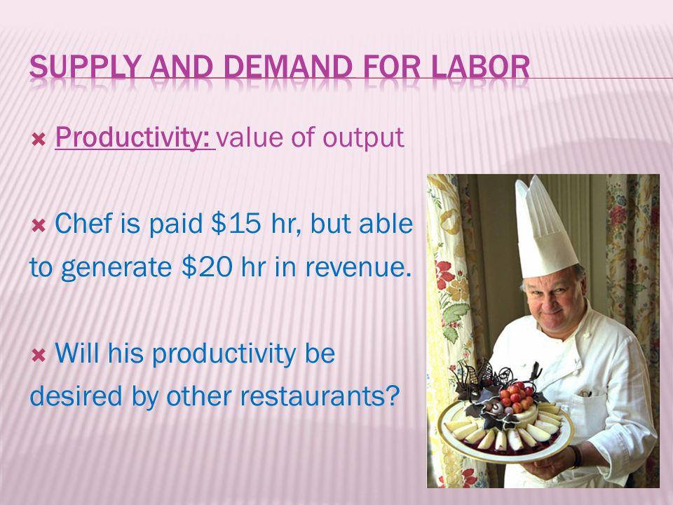  Productivity: value of output  Chef is paid $15 hr, but able to generate $20 hr in revenue.