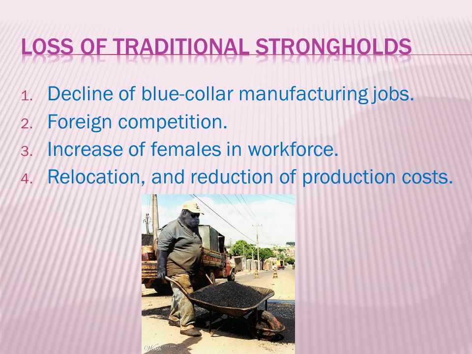 1. Decline of blue-collar manufacturing jobs. 2.