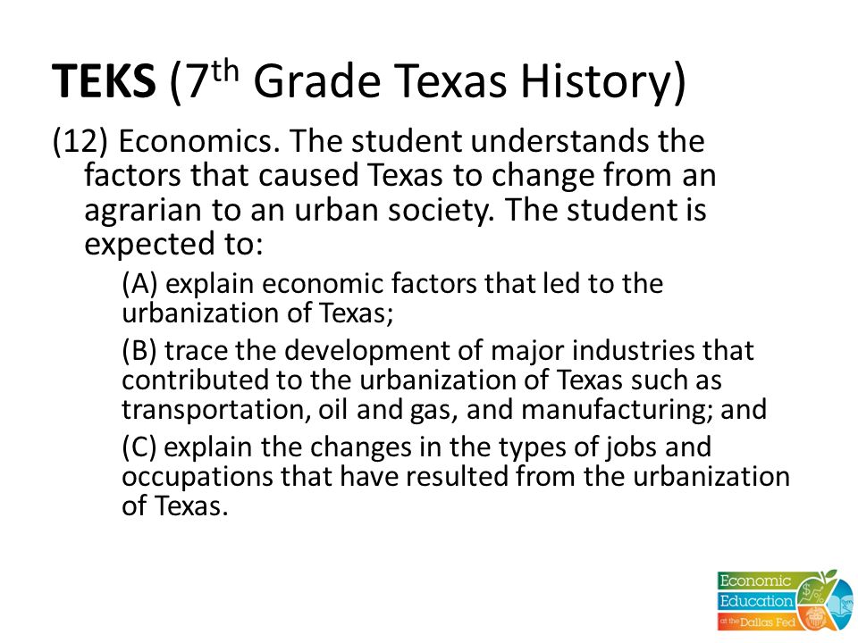 TEKS (7 th Grade Texas History) (12) Economics.