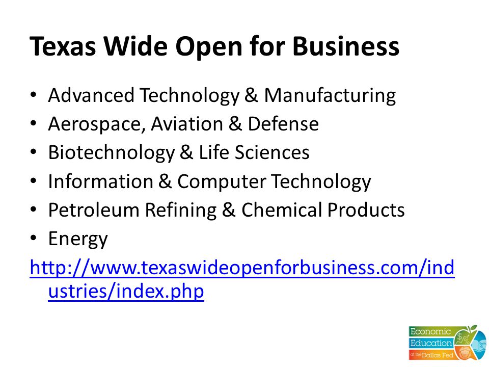 Texas Wide Open for Business Advanced Technology & Manufacturing Aerospace, Aviation & Defense Biotechnology & Life Sciences Information & Computer Technology Petroleum Refining & Chemical Products Energy   ustries/index.php