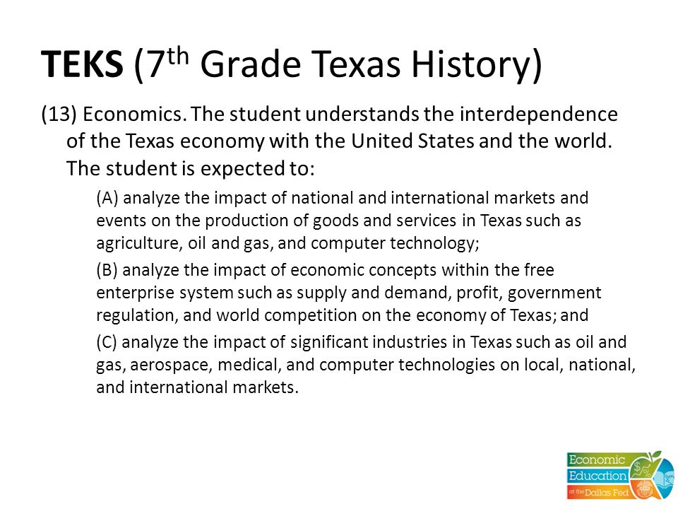 TEKS (7 th Grade Texas History) (13) Economics.