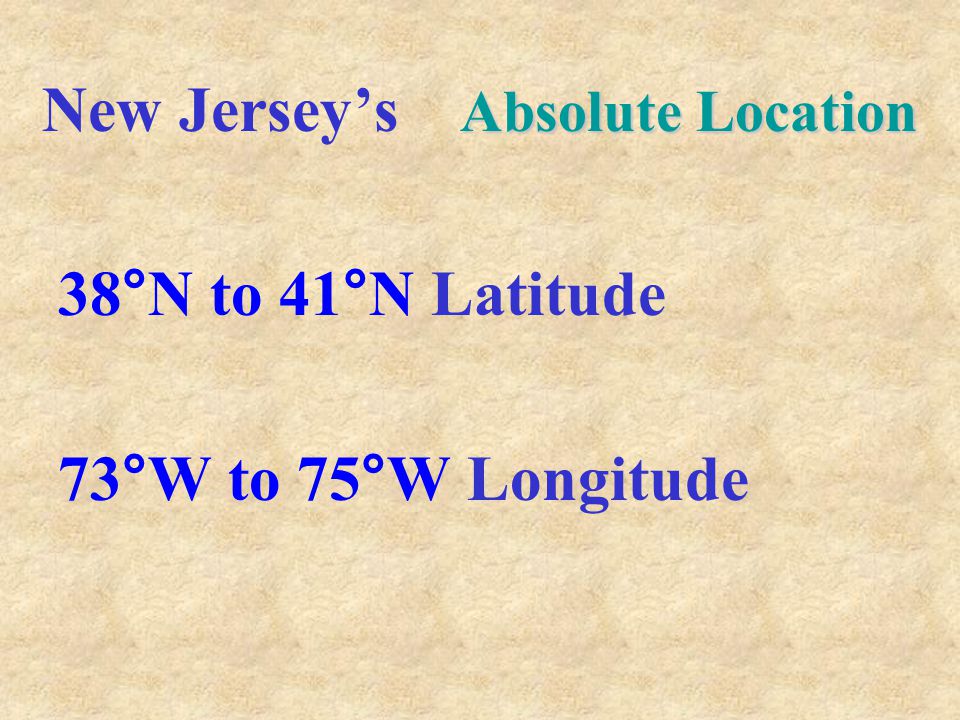 Absolute Location New Jersey’s Absolute Location 38°N to 41°N Latitude 73°W to 75°W Longitude