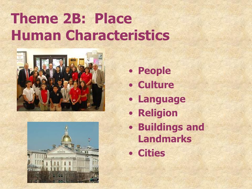 Theme 2B: Place Human Characteristics People Culture Language Religion Buildings and Landmarks Cities