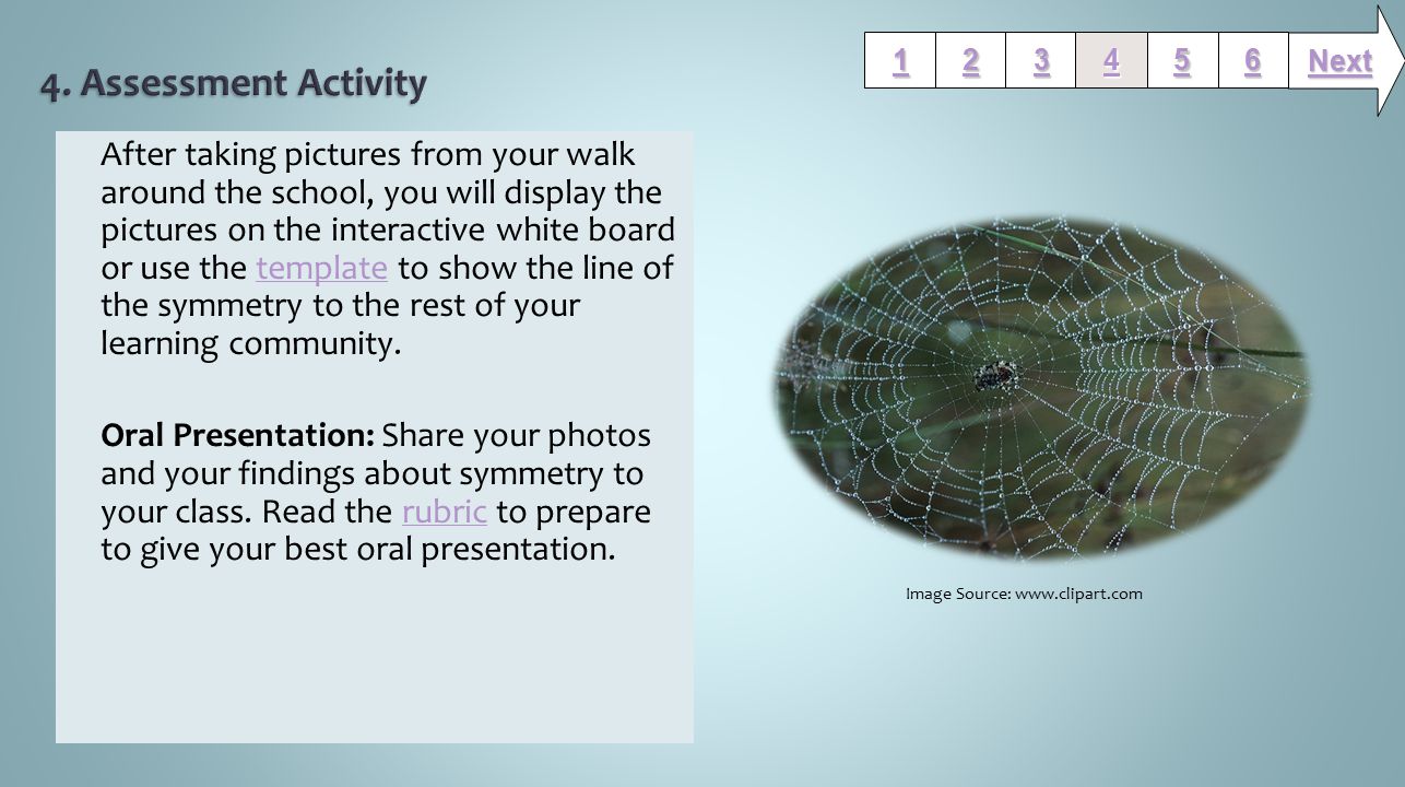 After taking pictures from your walk around the school, you will display the pictures on the interactive white board or use the template to show the line of the symmetry to the rest of your learning community.template Oral Presentation: Share your photos and your findings about symmetry to your class.