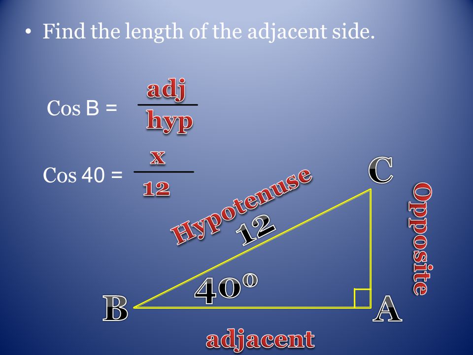 Find the length of the adjacent side. Cos B = Cos 40 =