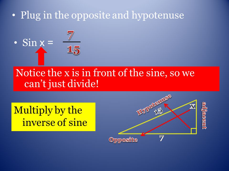 Plug in the opposite and hypotenuse Sin x = Notice the x is in front of the sine, so we can’t just divide.