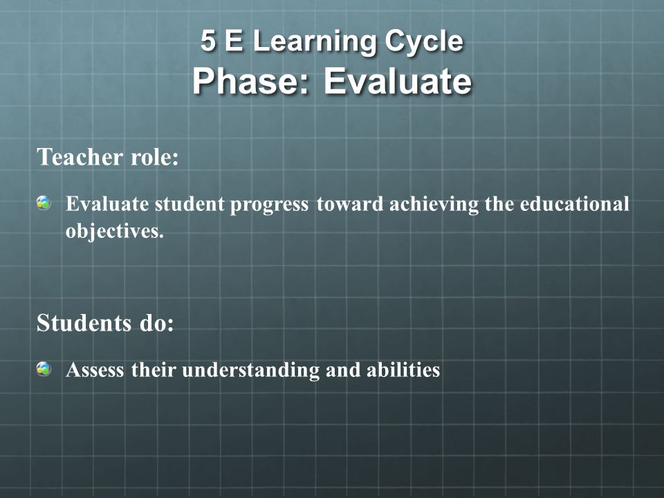 5 E Learning Cycle Phase: Evaluate Teacher role: Evaluate student progress toward achieving the educational objectives.