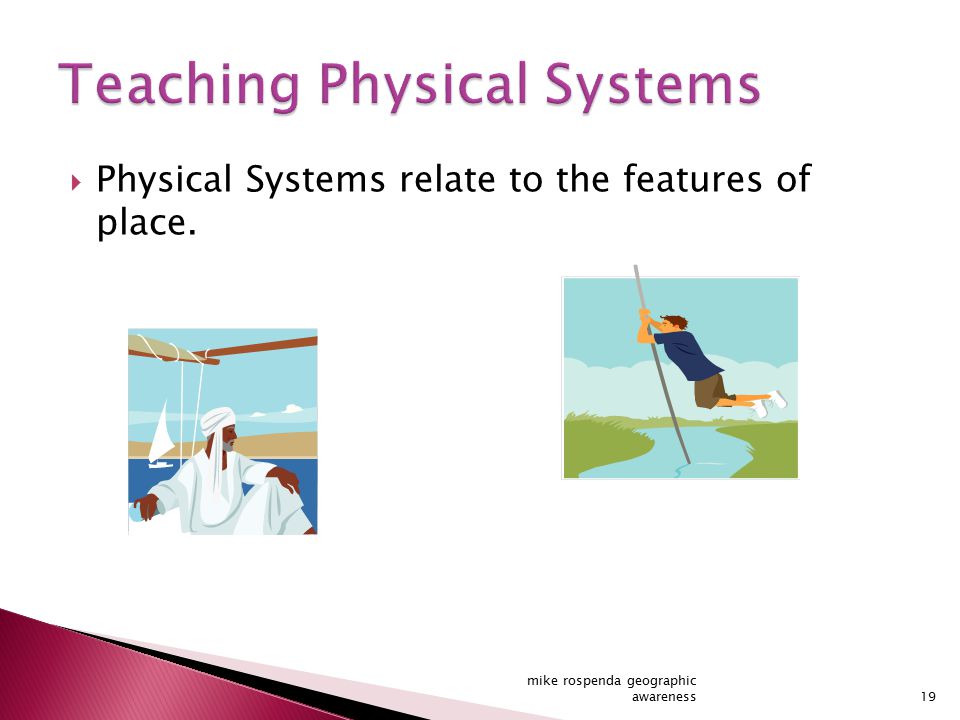  Physical Systems relate to the features of place. 19 mike rospenda geographic awareness