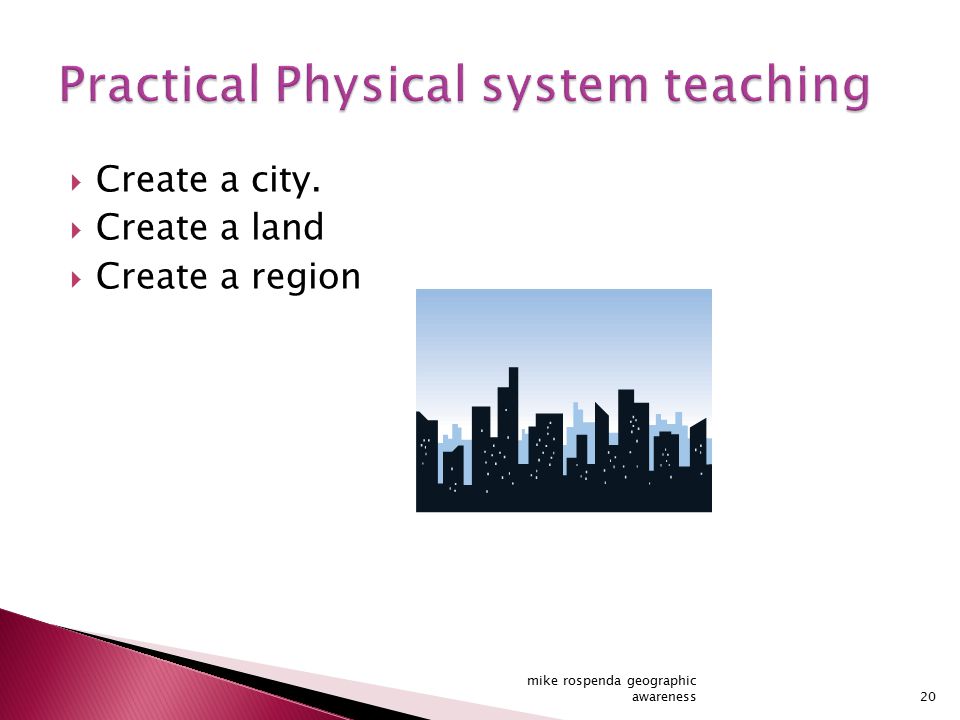  Create a city.  Create a land  Create a region 20 mike rospenda geographic awareness